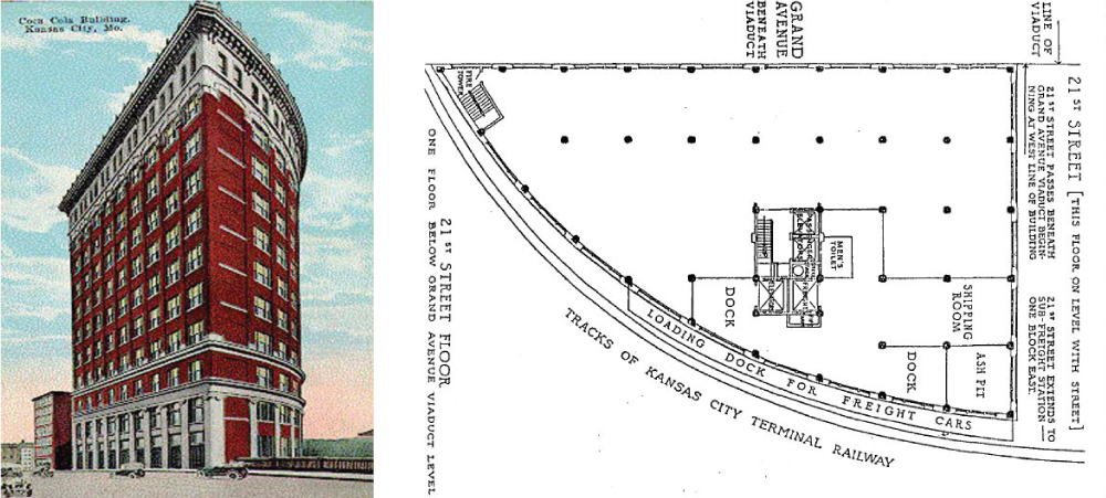 Coca-Cola Buiding, built by the Candler family (owners of the soda company) and designed by Arthur C. Tufts. With the curved facade of the building, it may be one of Tufts most unique designs. | An original plan of the building, part of the building's 1988 submission for the National Register of Historic Places.